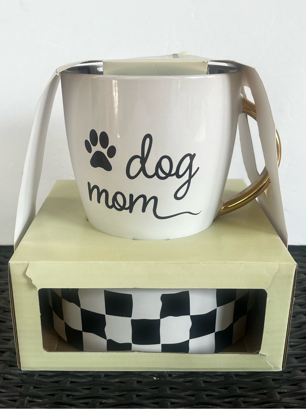 Croton White Dog Mom Ceramic Mug with Gold Handle and Black Paw